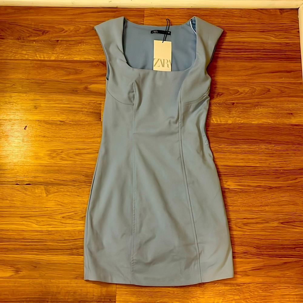 NWT Zara light blue, square neck, cap sleeve fitted mini dress